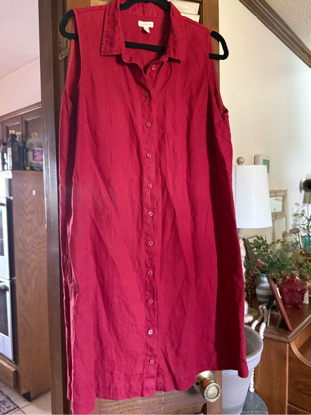 Garnet Hill 100% linen sleeveless shirt dress red 14 EUC